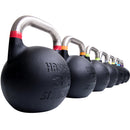 Lined up Hammer Strength Competition Kettlebells