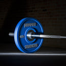 Detail of overmolding on Hammer Strength urethane bumper plates - 45LB, blue